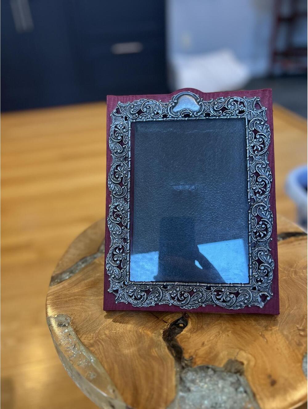 Vintage Ornate Silver Tone Picture Frame with fabric base